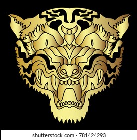 Gold tiger vector on black background.Gold Japanese tiger tattoo design.