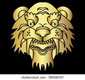 Gold tiger vector on black background.Gold Japanese tiger tattoo design.