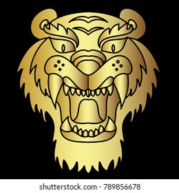 Gold tiger vector on black background.Gold Japanese tiger tattoo design.Gold mask tiger roaring.