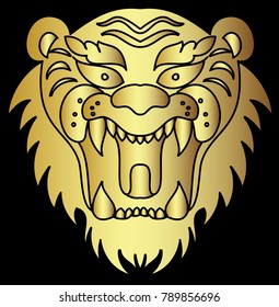 Gold tiger vector on black background.Gold Japanese tiger tattoo design.Gold mask tiger roaring.