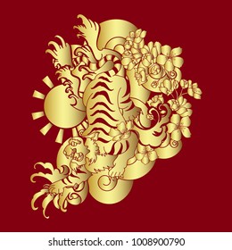 Gold tiger vector on red background.Gold Japanese tiger tattoo design.Gold mask tiger roaring.