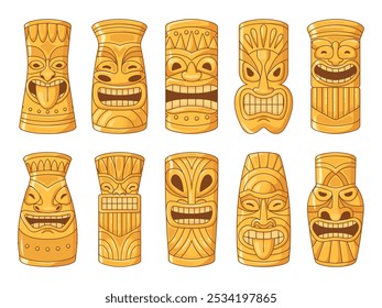 Tiki totem de ouro. Totens havaianos dourados, guerreiro polinésio deus cabeça estátuas ritual máscara havaiana ilha partido africano ou mexicano maya aztec tribo ídolo, vetor swanky ilustração original obra de arte