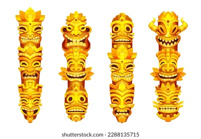 Gold Ti Totem Maske Statue Cartoon Vektor. Gelbe hawaiianische Stammpulse einzeln auf weißem Hintergrund. Aztec Gott Mann Gesichtsschild. Traditionelles Krieger-Idol-Design-Set. Polynesianische rituelle Sammlung.