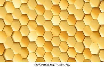 Gold tile of honeycomb shape plates background. Golden glittering pailettes hexagon texture. Semi spherical tiling luxury fashion background. Snake skin scales interior texture. 