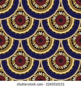 Gold tiled round 3d mandalas seamless pattern. Colorful greek vector background. Beautiful Deco ornaments. Abstract flowers,  lines, frames, zippers, greek meanders, circles. Surface luxury design.