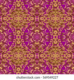 Gold tiles with floral motif. Islamic vector design. Purple and golden vintage textile print. Seamless pattern oriental ornament.