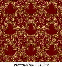 Gold tiles with floral motif. Seamless pattern oriental ornament. Islamic vector design. Red and golden vintage textile print.