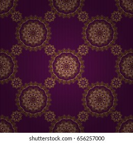 Gold tiles with floral motif. Seamless pattern oriental ornament. Islamic vector design. Purple and golden vintage textile print.