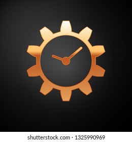 Gold Time Management icon isolated on black background. Clock and gear sign. Vector Illustration