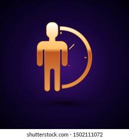 Gold Time Management icon isolated on dark blue background. Clock and gear sign. Productivity symbol.  Vector Illustration