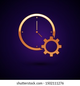 Gold Time Management icon isolated on dark blue background. Clock and gear sign. Productivity symbol.  Vector Illustration