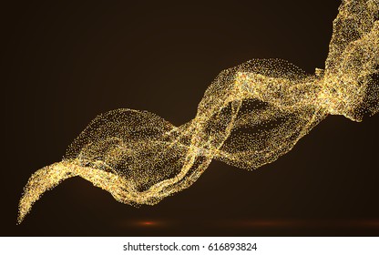 Fondo vectorial festivo de flujo abstracto de mejillón dorado. Partículas doradas efecto de onda de humo.
