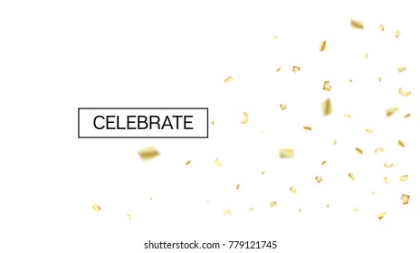 Gold Tinsel Confetti. Christmas, Birthday, New Year, Party Festive Background. Premium VIP Falling Tinsel Confetti. Sparkling Bright Golden Teals Flying. Vector Frame, Ornament Banner.