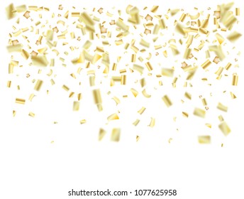 Gold Tinsel Confetti Falling Down, Ornament. Celebration Christmas, Birthday Party and New Year Background. Gift Voucher, Sale Golden Foil Texture. Noble Gold, Silver Foil Confetti Border.