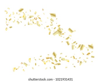 Gold Tinsel Confetti Flying Vector. Birthday, Christmas, New Year Party Celebration Firework Decor. Falling Down Sparkling Gold Foil Tinsel Vector Confetti Falling. Gift Voucher Hipster Border