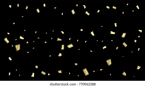 Gold Tinsel Falling Confetti. Christmas, Birthday, New Year, Party Festive Background. Premium VIP Falling Tinsel Confetti. Sparkling Bright Golden Shower. Vector Rich Frame, Decoration.