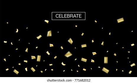 Gold Tinsel Rich Confetti. Christmas, Birthday, New Year, Party Background. Funky Falling Tinsel Confetti. Sparkling Bright Golden Shower. Vector Frame, Design Decoration.