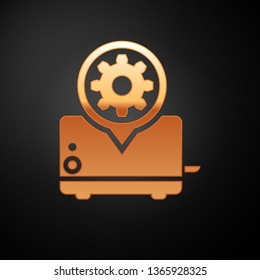 Gold Toaster and gear icon isolated on black background. Adjusting app, service concept, setting options, maintenance, repair, fixing. Vector Illustration