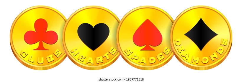 Gold token or coins. Card suits, clubs, hearts, spades, diamonds
