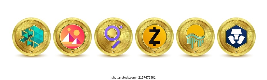 Gold token cryptocurrency. Future currency on blockchain stock market digital online. Gold coins crypto currencies Decentraland, Yield Guild Games,  Zcash, IoTeX, Crypto.com,Moonriver. Isolated Vector