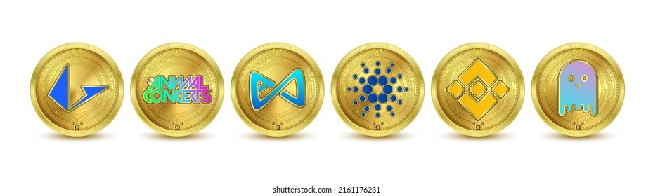 Gold token cryptocurrency. Future currency on blockchain stock market digital online. Gold coins crypto currencies Loopring, Animal Concerts,  Axie Infinity, Cardano, Binance, Aave. Isolated Vector.