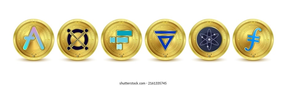 Filosofía de oro criptodivisa. Futura moneda en el mercado de valores de blockchain digital en línea. Monedas cripto monedas Token FTX, Aave, Elrond, Cosmos, Velas, Filecoin. Aislado sobre el vector de fondo blanco.