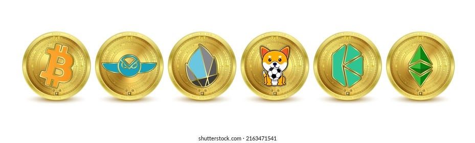 Gold Token Kryptowährung. Zukünftige Währung auf dem Aktienmarkt der Blockchain. Münzkrypto-Währungen Bitcoin, Ethereum Classic, Gnosis, Kyder Network, Minifootball, Cocos. Einziger Vektorgrafik.