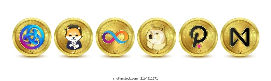 Gold token cryptocurrency. Future currency on blockchain stock market digital online. Coin crypto currencies Astar, Dogelon Mars, Dogecoin, Internet Computer, NEAR Protocol, Polkadot. Isolated Vector. svg