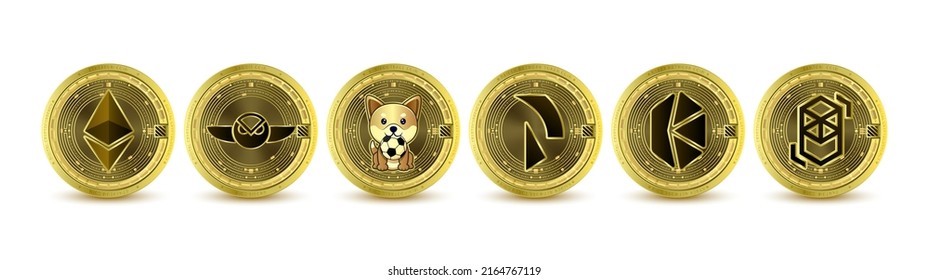 Gold token cryptocurrency. Future currency on blockchain stock market digital. Coin crypto currencies Fantom, Ethereum, Gnosis, Kyder Network, Minifootball, Raiden Network Token. Isolated Vector.