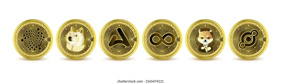 Gold token cryptocurrency. Future currency on blockchain stock market digital online. Coins crypto currencies Iota, Dogecoin, Internet Computer, Helium, Ardana, Dogelon Mars. Isolated Vector. svg