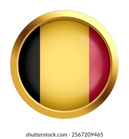 Gold token with the flag of Belgium. Vector. State symbol of national pride and cultural heritage. Close-up. Design for print, souvenirs, gifts, important events and holidays, web design.