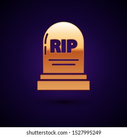 Gold Tombstone with RIP written on it icon isolated on dark blue background. Grave icon.  Vector Illustration