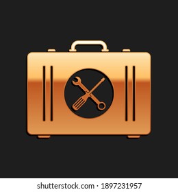 Gold Toolbox icon isolated on black background. Tool box sign. Long shadow style. Vector.