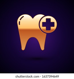 Gold Tooth icon isolated on dark blue background. Tooth symbol for dentistry clinic or dentist medical center and toothpaste package.  Vector Illustration
