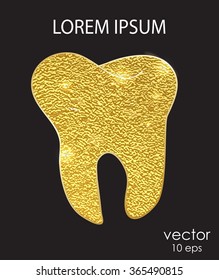Gold tooth on a black background. The emblem of dentistry. Card banner. Gold rossyp.Logotip. Day of the dentist.