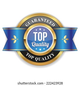 Gold top quality badge with blue ribbon on white background