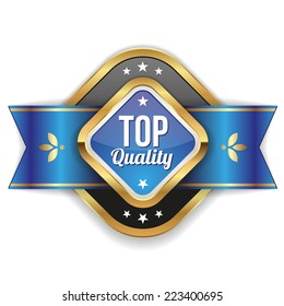 Gold top quality badge with blue ribbon on white background