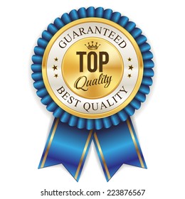 Gold top quality badge with blue ribbon on white background