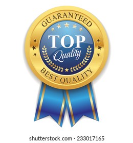 Gold top quality badge with blue ribbon on white background