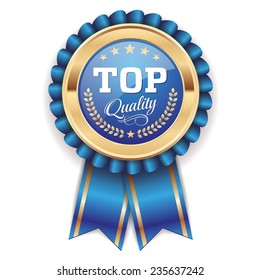 Gold top quality badge with blue ribbon on white background