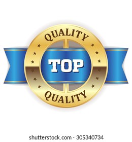 Gold Top Quality Badge With Blue Ribbon On White Background