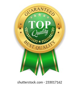 Gold top quality badge with green ribbon on white background