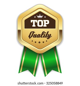 Gold top quality badge with green ribbon