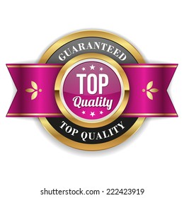 Gold top quality badge with purple ribbon on white background