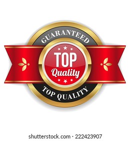 Gold top quality badge with red ribbon on white background