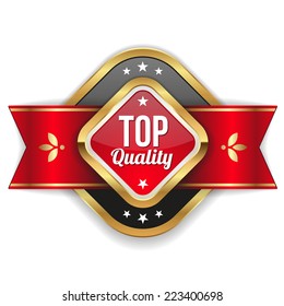 Gold top quality badge with red ribbon on white background