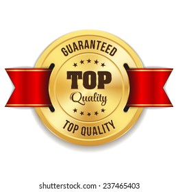 Gold top quality badge with red ribbon on white background