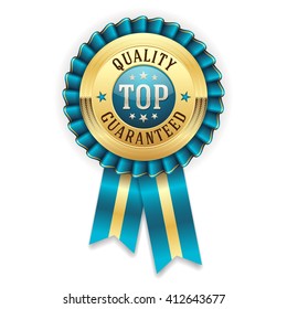 Gold top quality guaranteed badge, rosette with blue ribbon