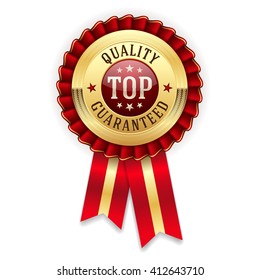 Gold top quality guaranteed badge, rosette with red ribbon