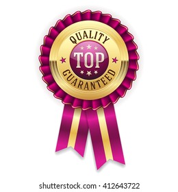 Gold top quality guaranteed badge, rosette with purple ribbon